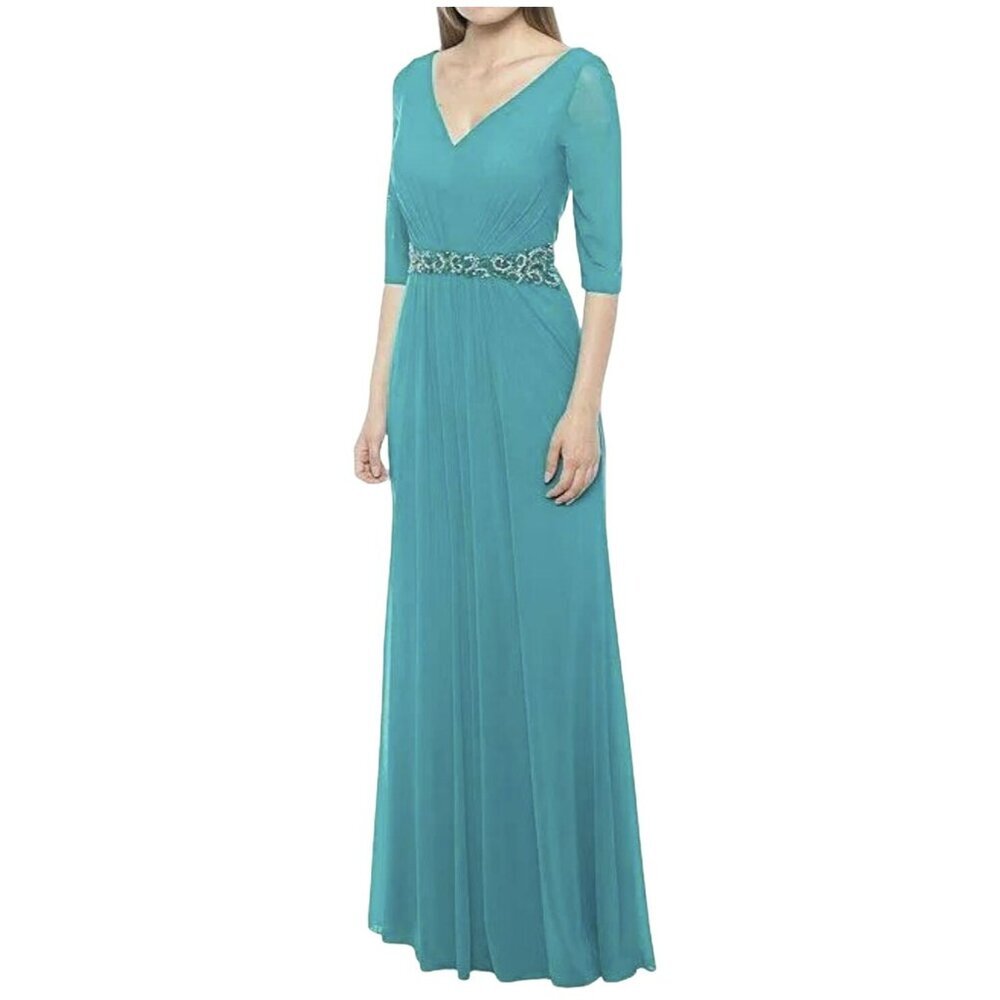 Marina Embellished Formal Mesh Gown Long Green Teal Maxi Dress Size 6 NWT